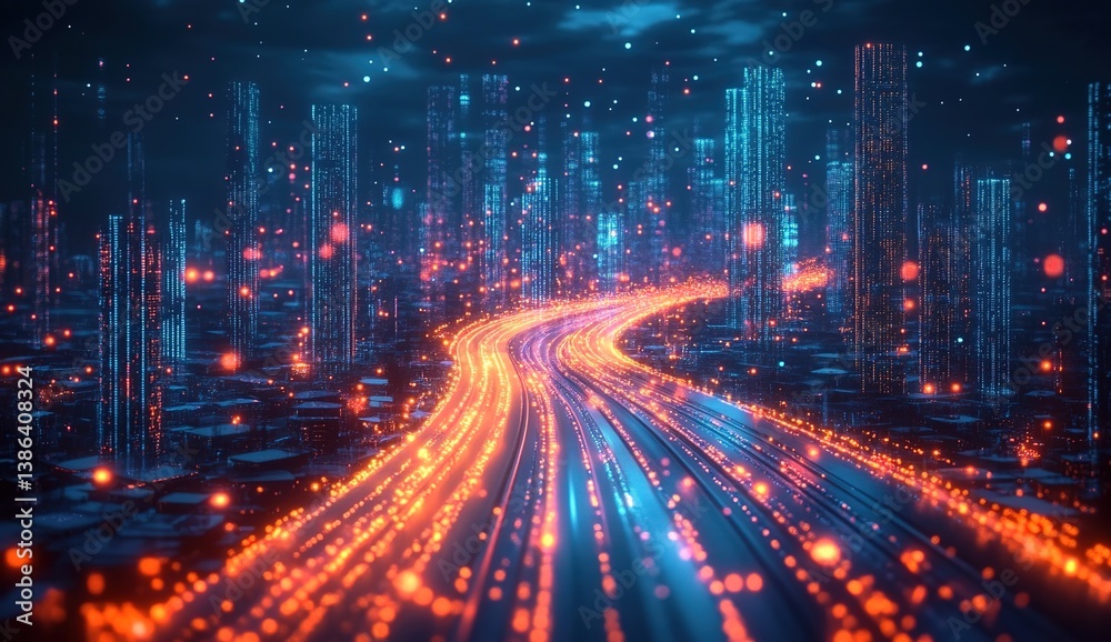 Fototapeta premium Futuristic cityscape at night, towering skyscrapers with vibrant blue and orange neon lights, winding road leading into the distance, digital art style, cyberpunk atmosphere, glowing technology