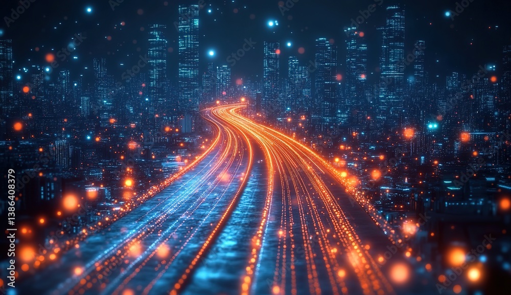 Fototapeta premium Futuristic cityscape at night, towering skyscrapers with vibrant blue and orange neon lights, winding road leading into the distance, digital art style, cyberpunk atmosphere, glowing technology