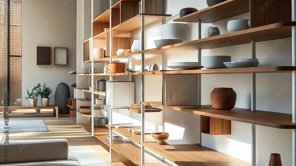 Modern Minimalist Wooden Shelving Unit Displaying Pottery and Home Decor in a Bright, Airy Room Modern Minimalist Wooden Shelving Unit Displaying Pottery and Home Decor in a Bright, Airy Room