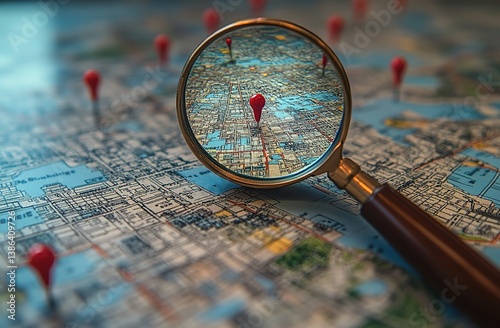 A detailed map with red pins marking locations, magnifying glass focusing on a specific area, exploration theme, soft lighting, vintage style, strategic planning, blurred background, intricate details