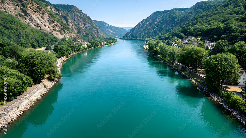 Serene river valley scene, vibrant turquoise water flowing between lush green hillsides and small villages Serene river valley scene, vibrant turquoise water flowing between lush green hillsides and small villages