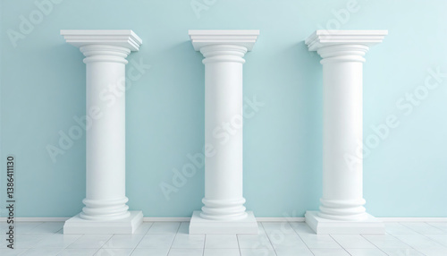 Three white pillars in front of a light blue wall.