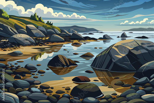 Rocky coastal landscape low tide scene with reflective tide pools and slick boulders