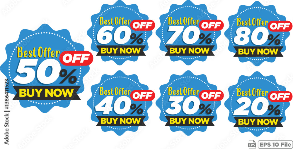 Naklejka premium Best Offer Discount Badges Collection - Blue Scalloped Edges Featuring 20% to 80% Off and 'Buy Now' Call to Action for Marketing Promotions