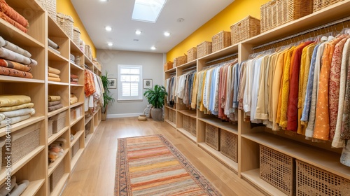 Bohemian-style walk-in closet with colorful fabrics, patterned rugs, open rattan shelves, and relaxed artistic vibe