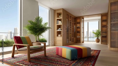 Bohemian-style walk-in closet with colorful fabrics, patterned rugs, open rattan shelves, and relaxed artistic vibe