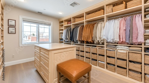 Boutique walk-in closet design with glass handbag display, spotlight accents, curated outfits on mannequins, and designer label organization