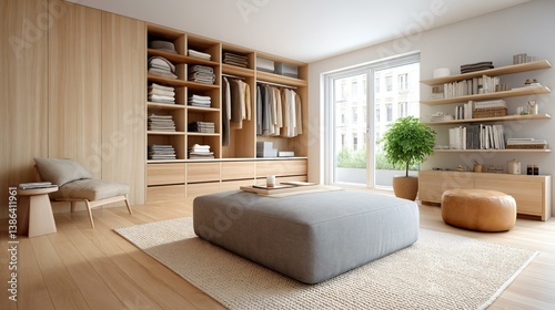 Clean and elegant walk-in closet with central ottoman, monochromatic palette, and a balance of hanging and folded storage