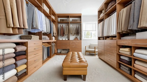 Executive-style closet with premium walnut shelves, leather-lined drawers, monochromatic color palette, and sleek designer fashion layout