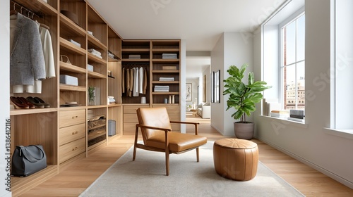 Executive-style closet with premium walnut shelves, leather-lined drawers, monochromatic color palette, and sleek designer fashion layout