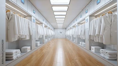 Futuristic walk-in closet with modular design, digital closet organizer screens, LED-lit drawers, and chrome accents