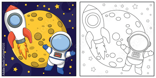Astronaut in space. Black and white vector illustration for coloring book.