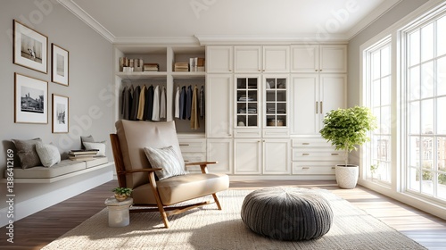 His-and-hers walk-in closet design with symmetrical storage, soft white tones, fashion accessories on open display, and glass doors