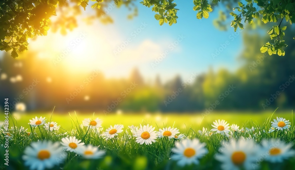 Fototapeta premium A sunny meadow filled with white daisies, background of rolling mountains and dense trees, blue sky, sunlight filtering through the leaves, creating a serene and beautiful natural scene