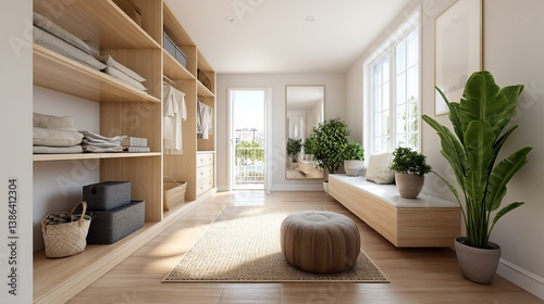 Small-space walk-in closet in Scandinavian style, featuring bright wood accents, neutral tones, and functional shelving for daily use