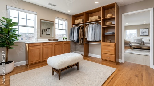 Transitional-style closet with a blend of classic and modern elements, warm wood textures, soft rugs, and open-concept layout