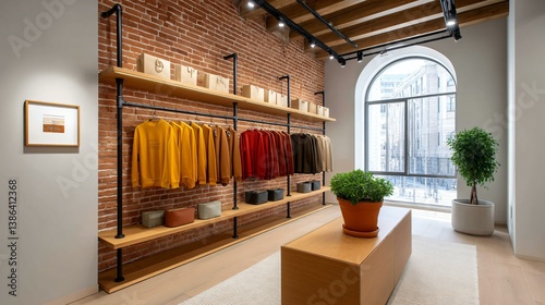 Urban loft walk-in wardrobe with exposed brick walls, metal pipe hangers, and streetwear display concept