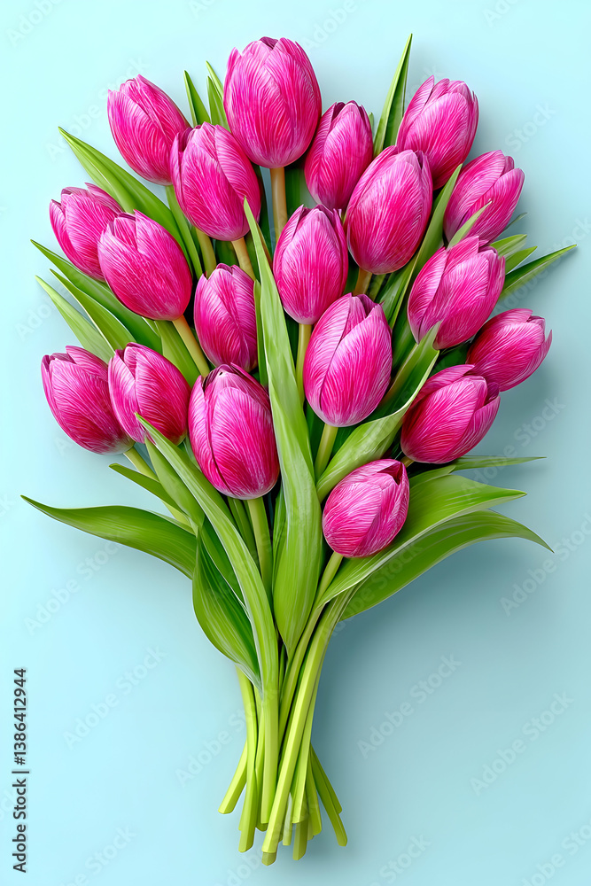 Vibrant pink tulip bouquet on a light blue background Vibrant pink tulip bouquet on a light blue background