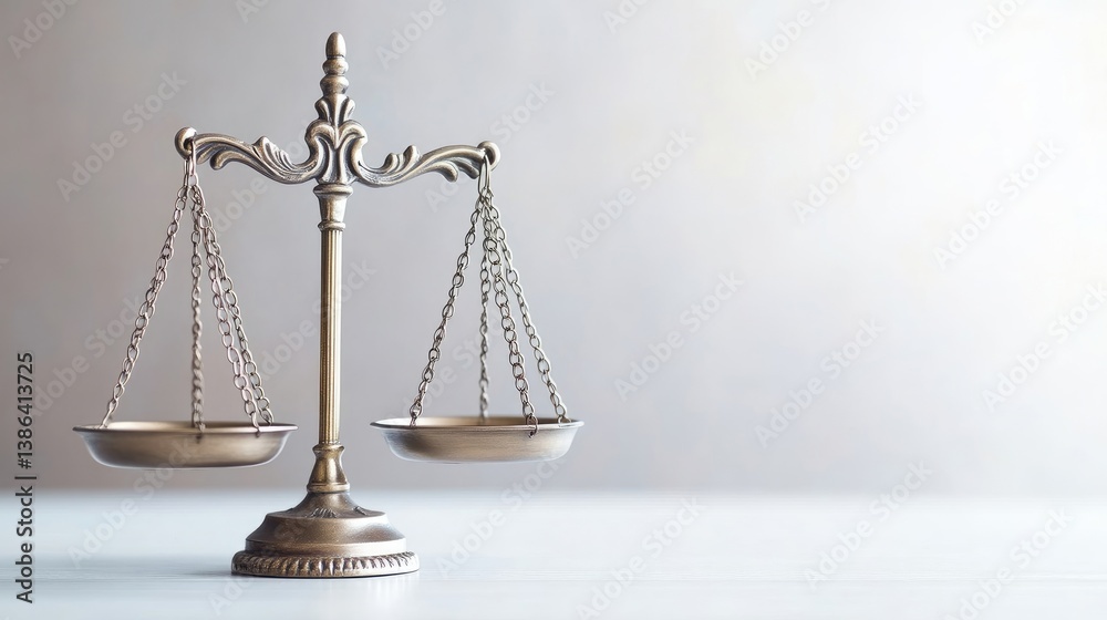A bronze scale sits on a table against a neutral background. Its ornate design features delicate chains and pans. The image is sharply focused, well-lit, and boasts a high resolution. Its classical s A bronze scale sits on a table against a neutral background. Its ornate design features delicate chains and pans. The image is sharply focused, well-lit, and boasts a high resolution. Its classical s