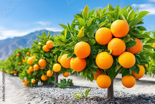 Lush orange trees laden with ripe fruit in a sunny orchard