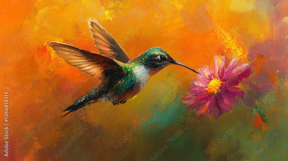Fototapeta premium A vibrant, colorful painting of a hummingbird hovering near a large pink flower. The bird showcases iridescent green and blue feathers, with detailed wings spread wide, capturing the movement and grac