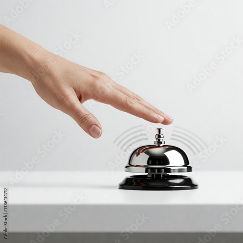 hand ringing a silver hotel service bell on a white countertop