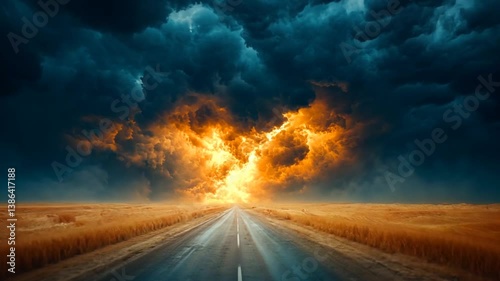Dramatic road through fiery storm clouds photo