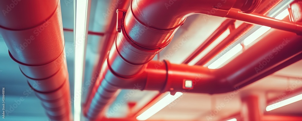 Industrial style with rows of vibrant red pipes on ceilings, bright lighting, metallic textures, modern architectural details, clean lines, functional design Industrial style with rows of vibrant red pipes on ceilings, bright lighting, metallic textures, modern architectural details, clean lines, functional design