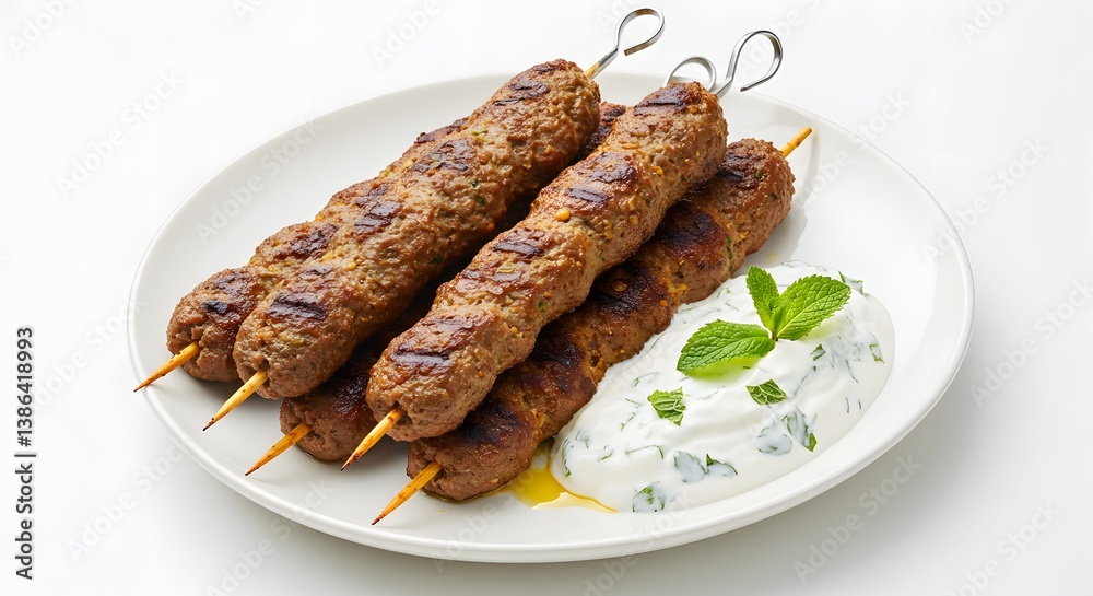 Grilled meat skewers presented on a white plate with a creamy, herbed sauce and fresh mint leaves, ideal for a tasty meal. Grilled meat skewers presented on a white plate with a creamy, herbed sauce and fresh mint leaves, ideal for a tasty meal.