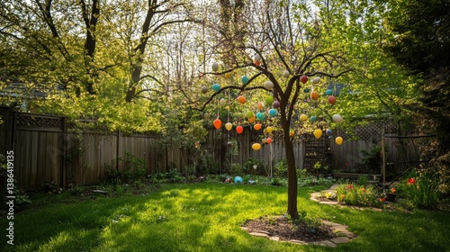 A vibrant backyard scene showcasing a beautiful tree adorned with colorful balloons, set against a backdrop of lush greenery and sunlit leaves. The tree stands at the center of a well-maintained garde