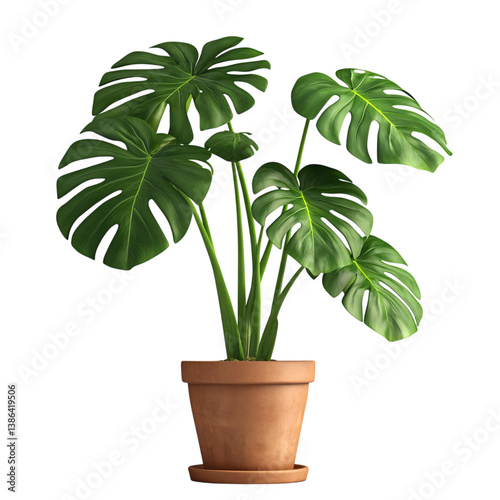 A 3D Monstera Plant with Glossy Split Leaves in a Pot Isolated on Transparent Background