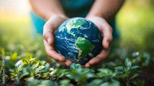 The Earth in hands. Symbolizing care and responsibility  our planet. Sustainability, and nurturing the environment for future generations concept.