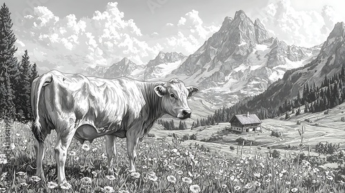 Cow in nature sketch style high resolution wallpaper
