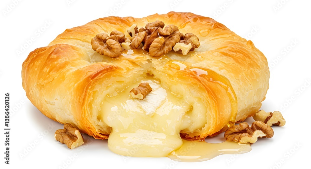 Brie in phyllo dough with walnuts and honey -Baked cheese wheel with crispy pastry, dripping honey, and walnuts, creating a delicious appetizer or dessert, perfect for entertaining. Brie in phyllo dough with walnuts and honey -Baked cheese wheel with crispy pastry, dripping honey, and walnuts, creating a delicious appetizer or dessert, perfect for entertaining.