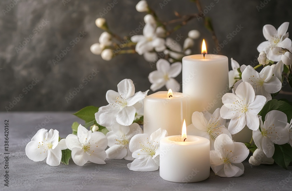 Cluster of lit white candles with white flowers, gray background, tranquil elegance, soft flickering light, minimalist floral arrangement, serene ambiance Cluster of lit white candles with white flowers, gray background, tranquil elegance, soft flickering light, minimalist floral arrangement, serene ambiance