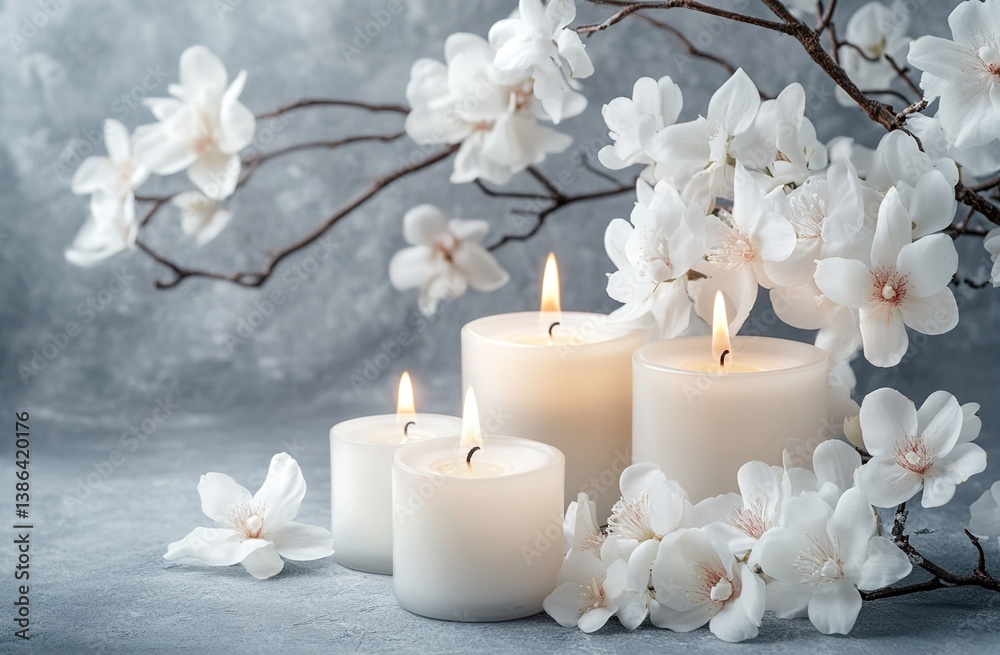 Cluster of lit white candles with white flowers, gray background, tranquil elegance, soft flickering light, minimalist floral arrangement, serene ambiance Cluster of lit white candles with white flowers, gray background, tranquil elegance, soft flickering light, minimalist floral arrangement, serene ambiance