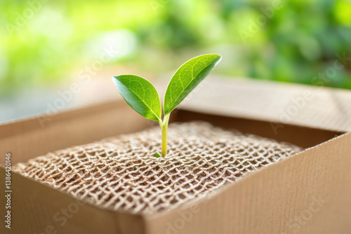 Green leaf on eco friendly brown paper honeycomb wrap for product packaging parcel carton box 
