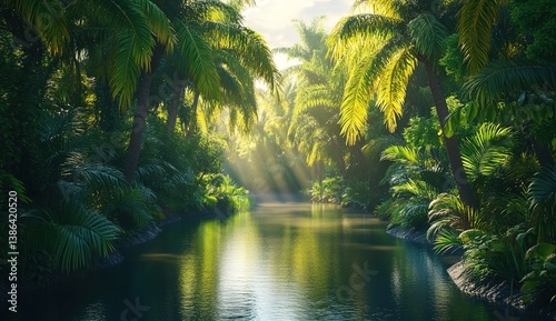 Tropical river in rainforest with sunlight filtering through palm leaves, reflective water surface, lush greenery, serene ambiance, vibrant natural beauty