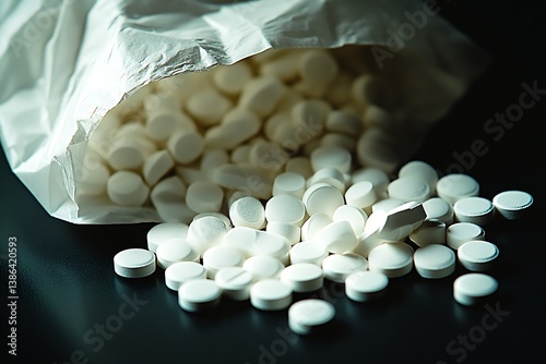 A close view of scattered white pills spilling from a bag symbolizing healthcare and medications : Generative AI photo