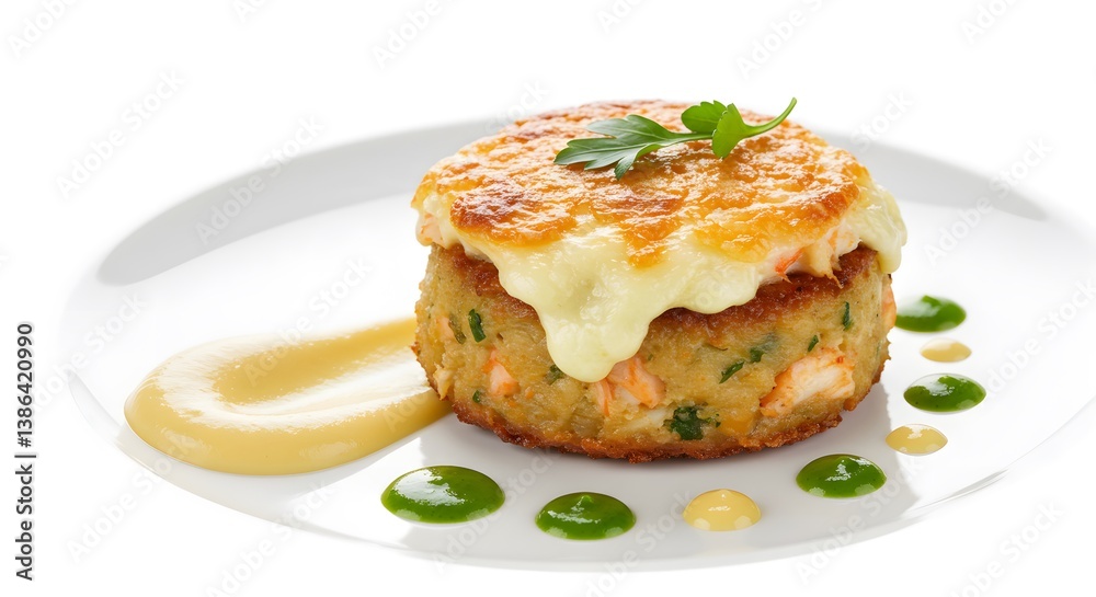 A meticulously plated crab cake, adorned with melted cheese and flavorful sauces, presented on a pristine white plate for a refined dining experience. A meticulously plated crab cake, adorned with melted cheese and flavorful sauces, presented on a pristine white plate for a refined dining experience.