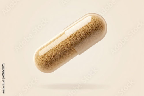 Herbal medicine capsule flying on brown background 
