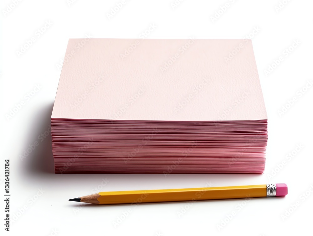 Stack of Pink Note Paper with Yellow Pencil on White Background Stack of Pink Note Paper with Yellow Pencil on White Background