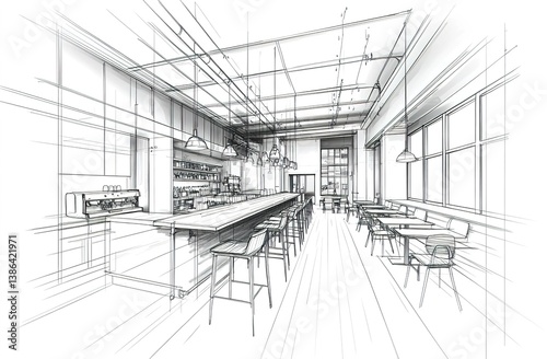 Modern cafe or restaurant interior design sketch, featuring a bar area with high stools, spacious open space, ample natural light, minimalist and stylish aesthetic