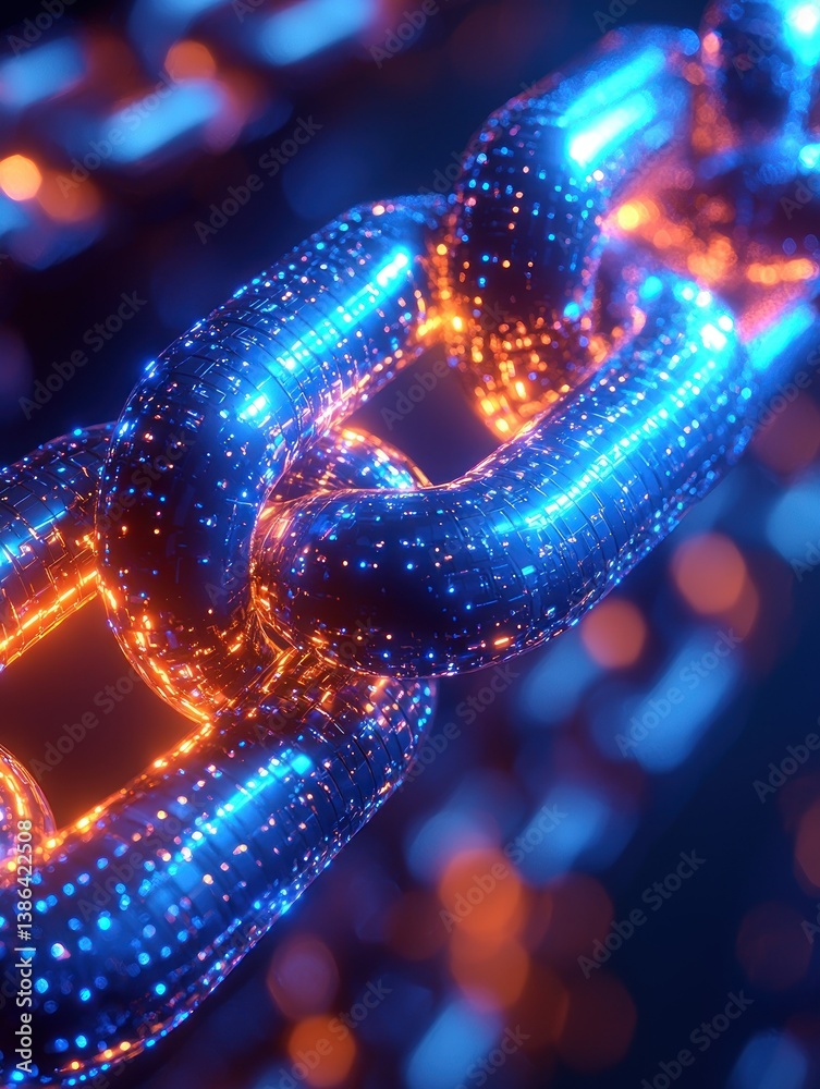 Abstract Glowing Chain: Digital Link, Cybernetic Connection, Neon Lights