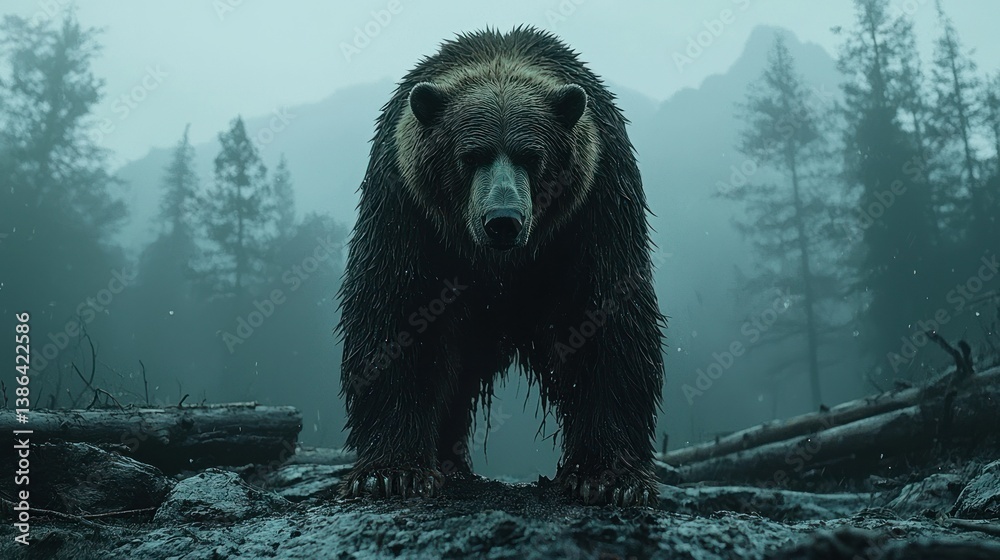Grizzly in the Misty Forest: A Majestic Encounter