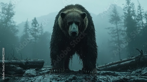 Obraz na płótnie Grizzly in the Misty Forest: A Majestic Encounter w salonie