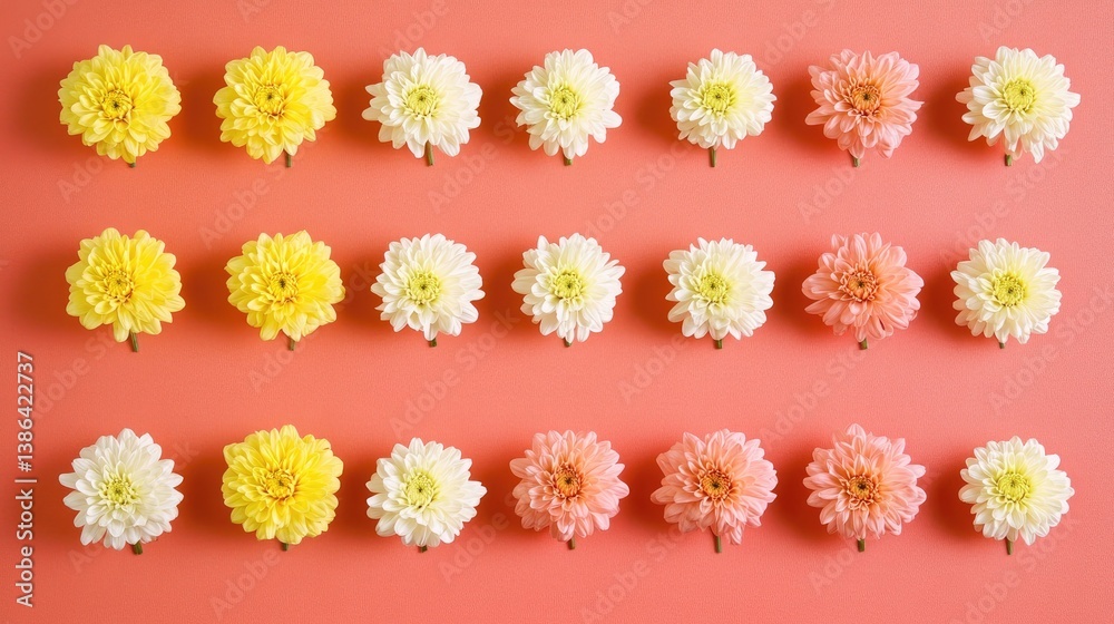 Fototapeta premium Chrysanthemums in yellow, pink, and white aligned on coral background in soft light