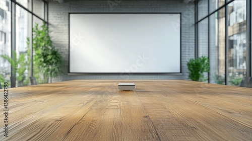 Clean meeting table with digital presentation clicker and ready presentation slides