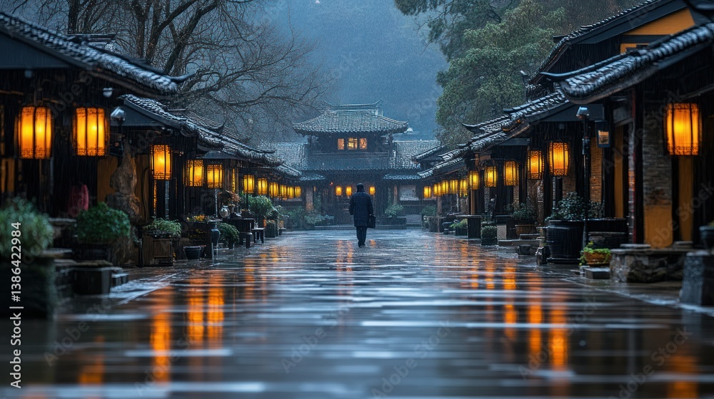 Serene Evening Stroll Through a Misty Chinese Village