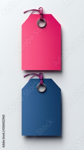 Obraz na płótnie Vibrant Pink and Blue Blank Price Tags with String and Metal Ring w salonie